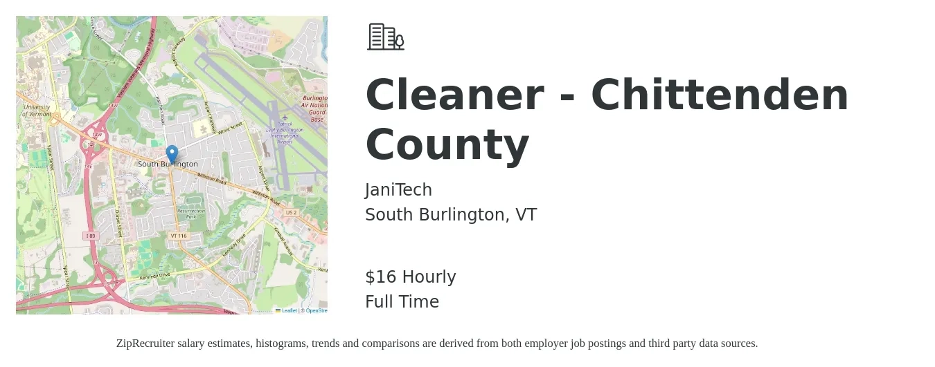 JaniTech job posting for a Cleaner - Chittenden County in South Burlington, VT with a salary of $14 to $16 Hourly with a map of South Burlington location.