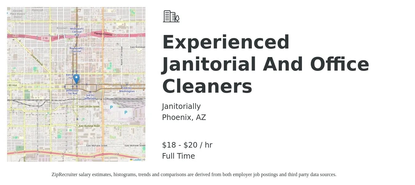 Janitorially job posting for a Experienced Janitorial And Office Cleaners in Phoenix, AZ with a salary of $19 to $21 Hourly with a map of Phoenix location.