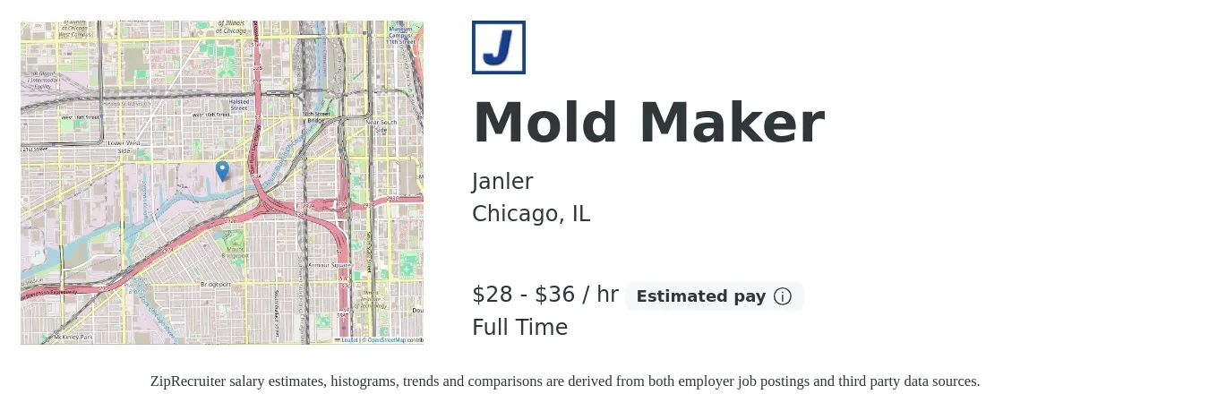 Janler job posting for a Mold Maker in Chicago, IL with a salary of $30 to $38 Hourly with a map of Chicago location.