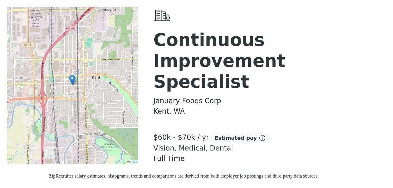 January Foods Corp job posting for a Continuous Improvement Specialist in Kent, WA with a salary of $60,000 to $70,000 Yearly and benefits including dental, life_insurance, medical, retirement, and vision with a map of Kent location.
