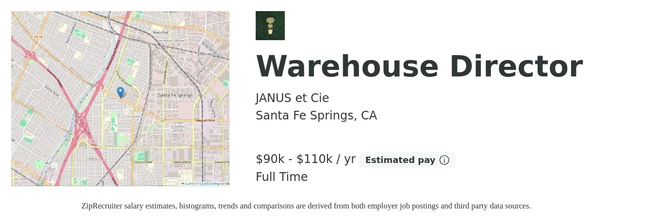 JANUS et Cie job posting for a Warehouse Director in Santa Fe Springs, CA with a salary of $90,000 to $110,000 Yearly with a map of Santa Fe Springs location.