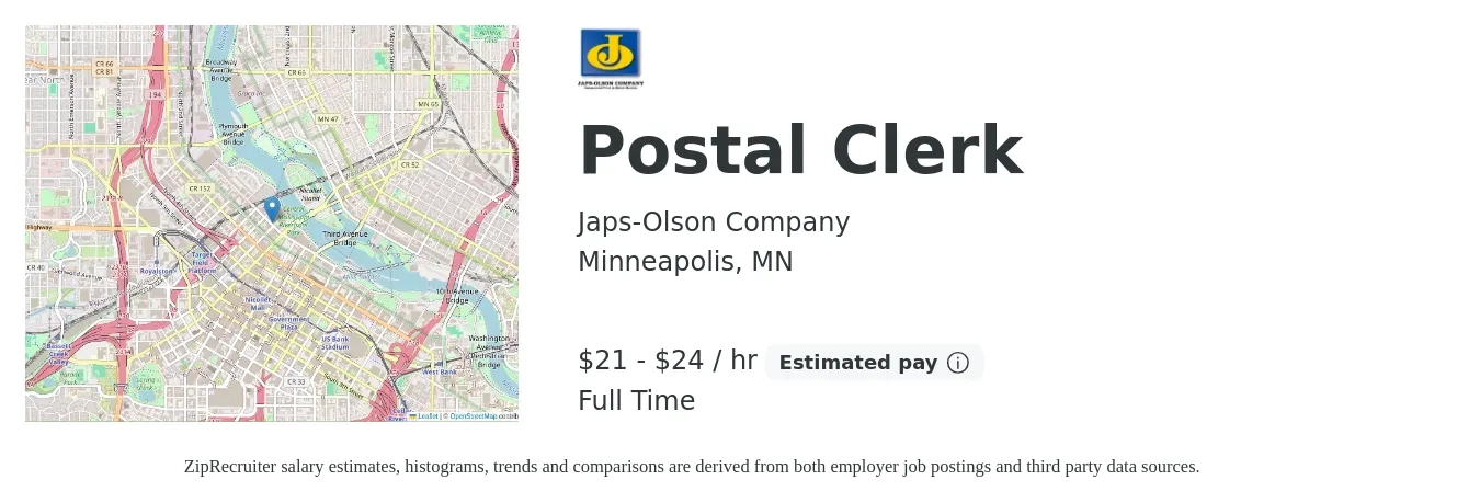 Japs-Olson Company job posting for a Postal Clerk in Minneapolis, MN with a salary of $22 to $25 Hourly with a map of Minneapolis location.