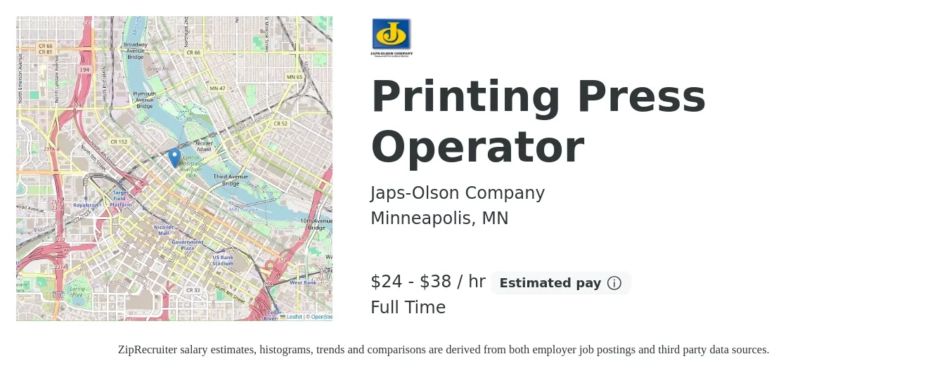 Japs-Olson Company job posting for a Printing Press Operator in Minneapolis, MN with a salary of $25 to $40 Hourly with a map of Minneapolis location.