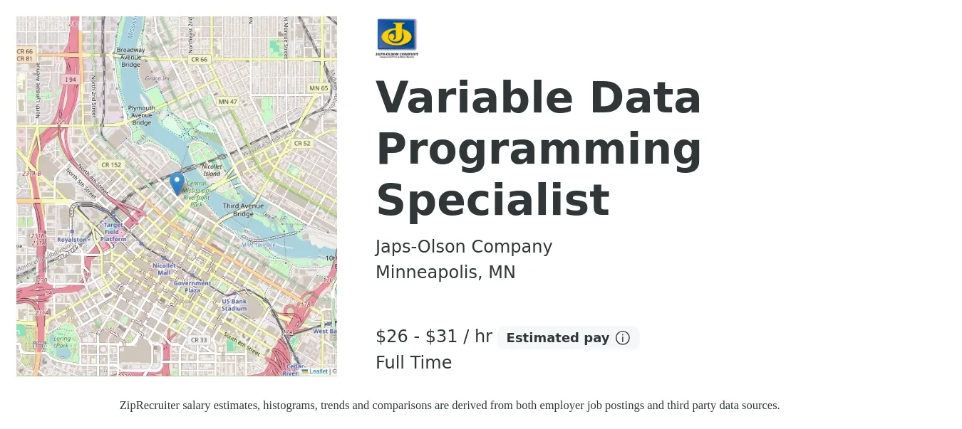 Japs-Olson Company job posting for a Variable Data Programming Specialist in Minneapolis, MN with a salary of $28 to $33 Hourly with a map of Minneapolis location.