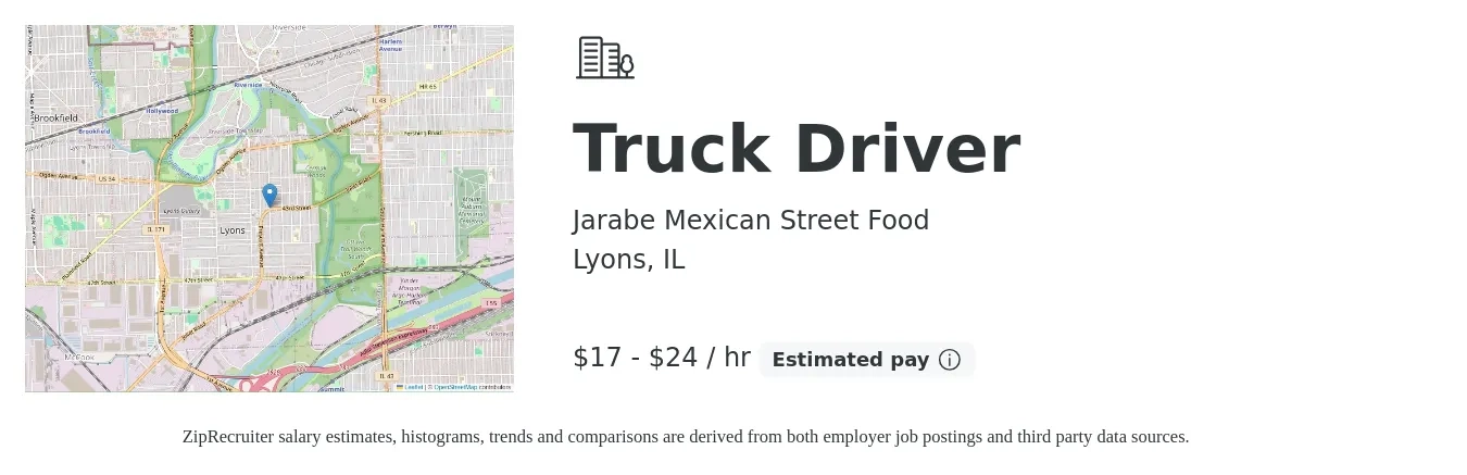 Jarabe Mexican Street Food job posting for a Truck Driver in Lyons, IL with a salary of $18 to $25 Hourly with a map of Lyons location.