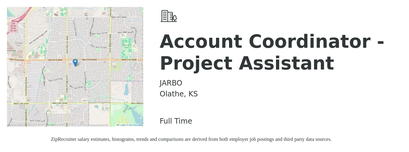 JARBO job posting for a Account Coordinator - Project Assistant in Olathe, KS with a salary of $19 to $25 Hourly with a map of Olathe location.