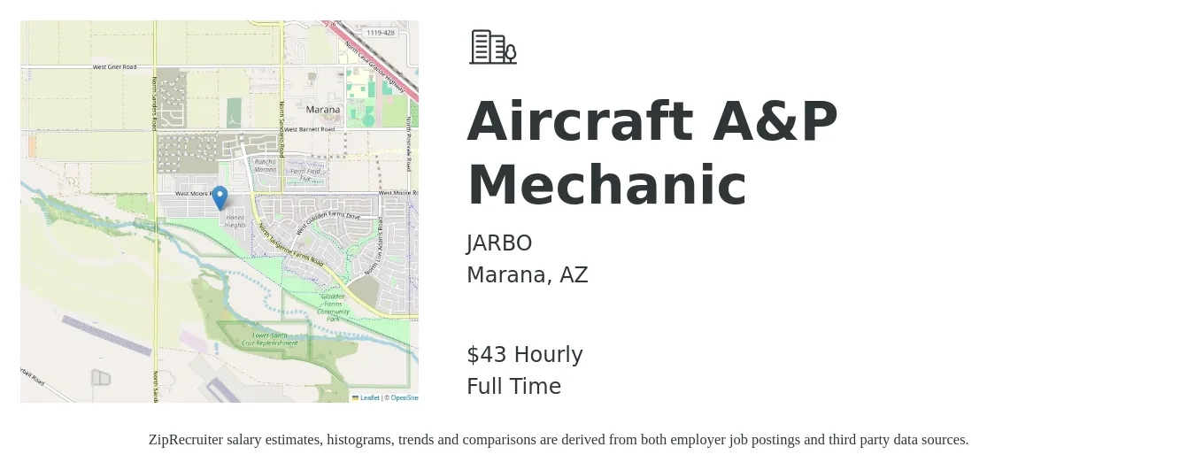 JARBO job posting for a Aircraft A&P Mechanic in Marana, AZ with a salary of $45 Hourly with a map of Marana location.