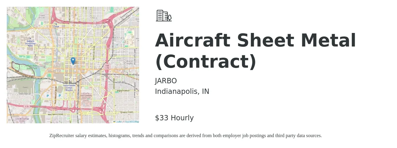 JARBO job posting for a Aircraft Sheet Metal (Contract) in Indianapolis, IN with a salary of $35 Hourly with a map of Indianapolis location.