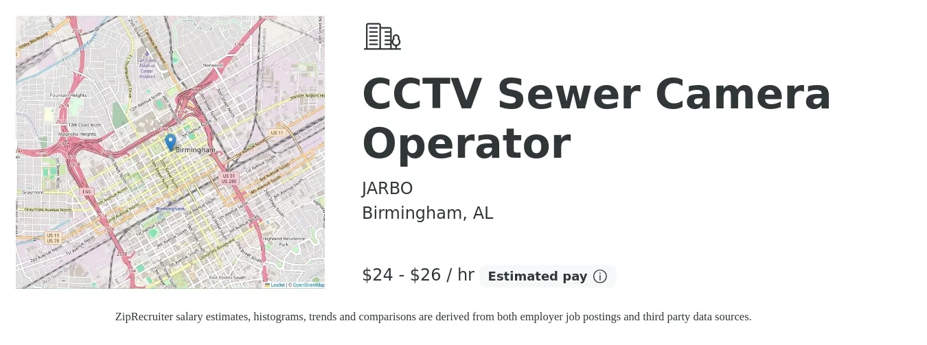 JARBO job posting for a CCTV Sewer Camera Operator in Birmingham, AL with a salary of $17 to $30 Hourly with a map of Birmingham location.