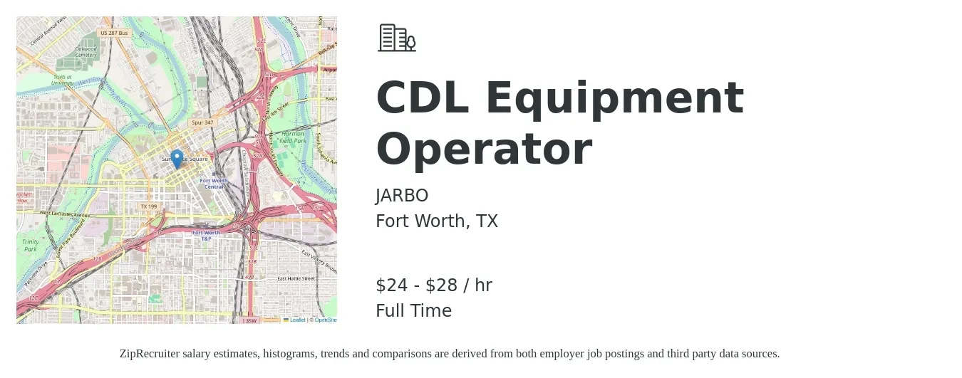 JARBO job posting for a CDL Equipment Operator in Fort Worth, TX with a salary of $25 to $30 Hourly with a map of Fort Worth location.