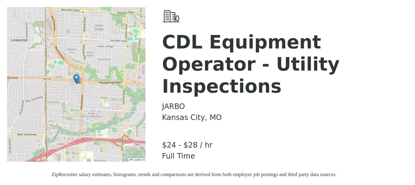 JARBO job posting for a CDL Equipment Operator - Utility Inspections in Kansas City, MO with a salary of $25 to $30 Hourly with a map of Kansas City location.