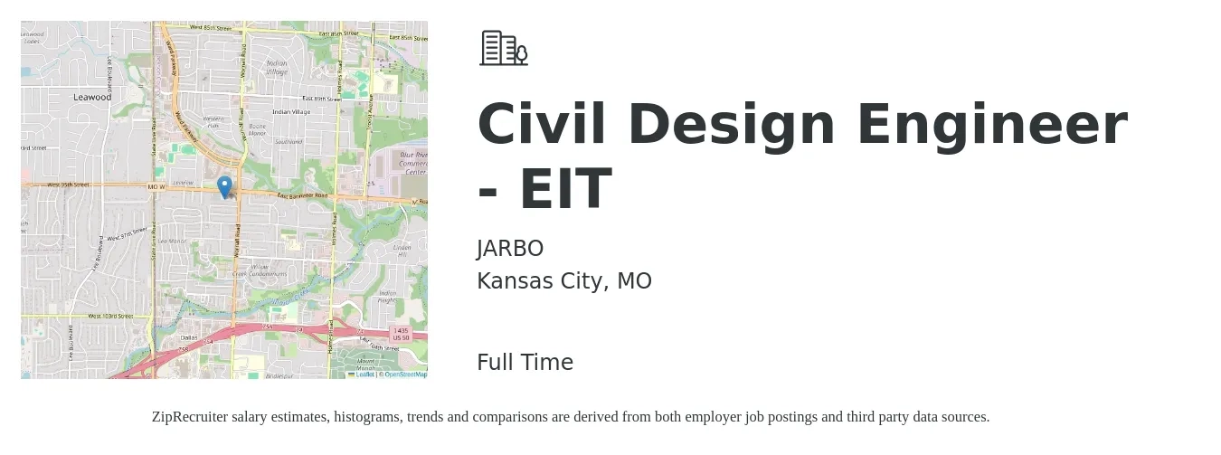 JARBO job posting for a Civil Design Engineer - EIT in Kansas City, MO with a salary of $62,400 to $91,000 Yearly with a map of Kansas City location.