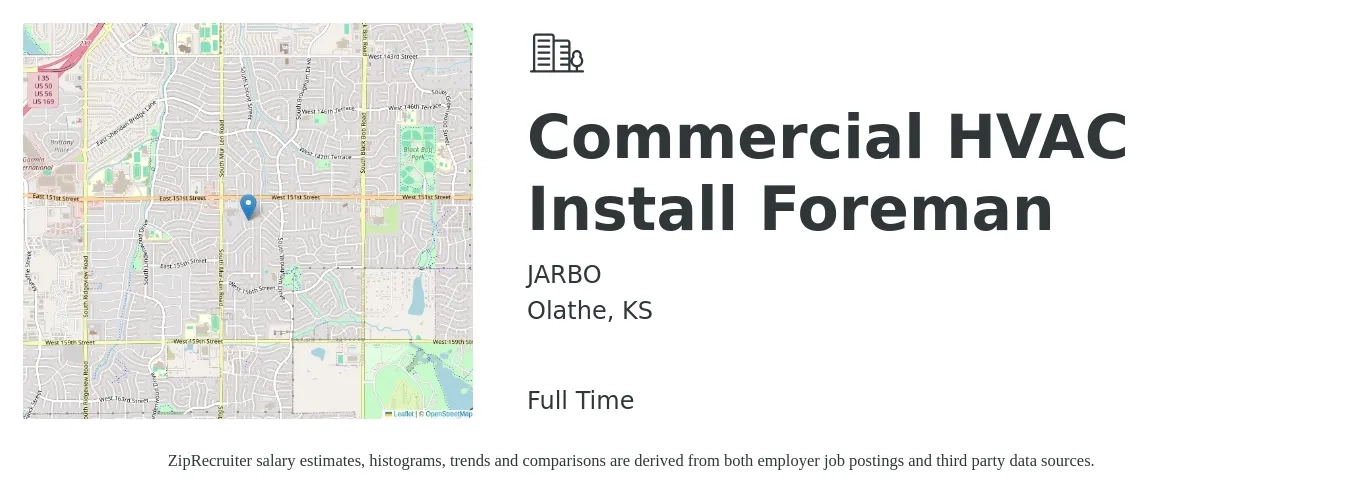 JARBO job posting for a Commercial HVAC Install Foreman in Olathe, KS with a salary of $56,100 to $84,600 Yearly with a map of Olathe location.