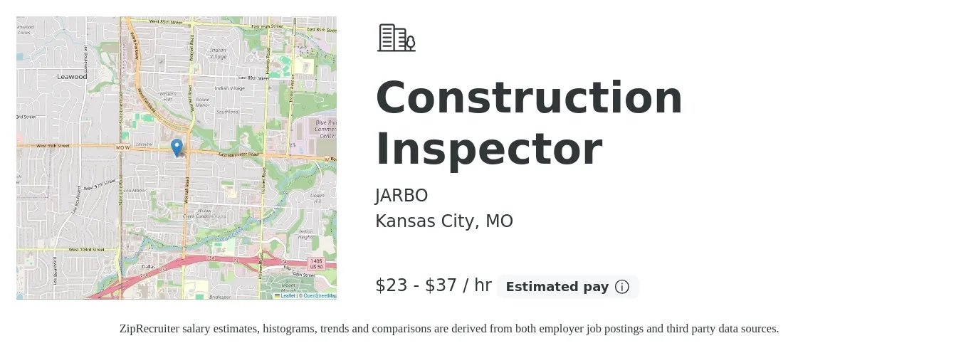 JARBO job posting for a Construction Inspector in Kansas City, MO with a salary of $47,800 to $75,300 Yearly with a map of Kansas City location.