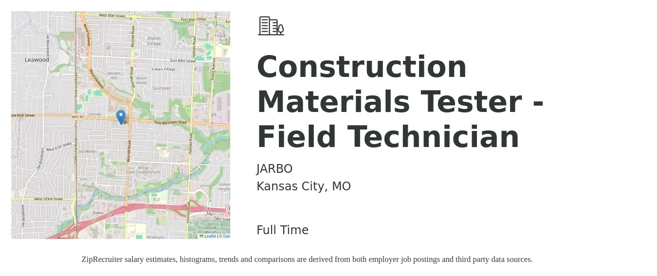 JARBO job posting for a Construction Materials Tester - Field Technician in Kansas City, MO with a salary of $18 to $24 Hourly with a map of Kansas City location.