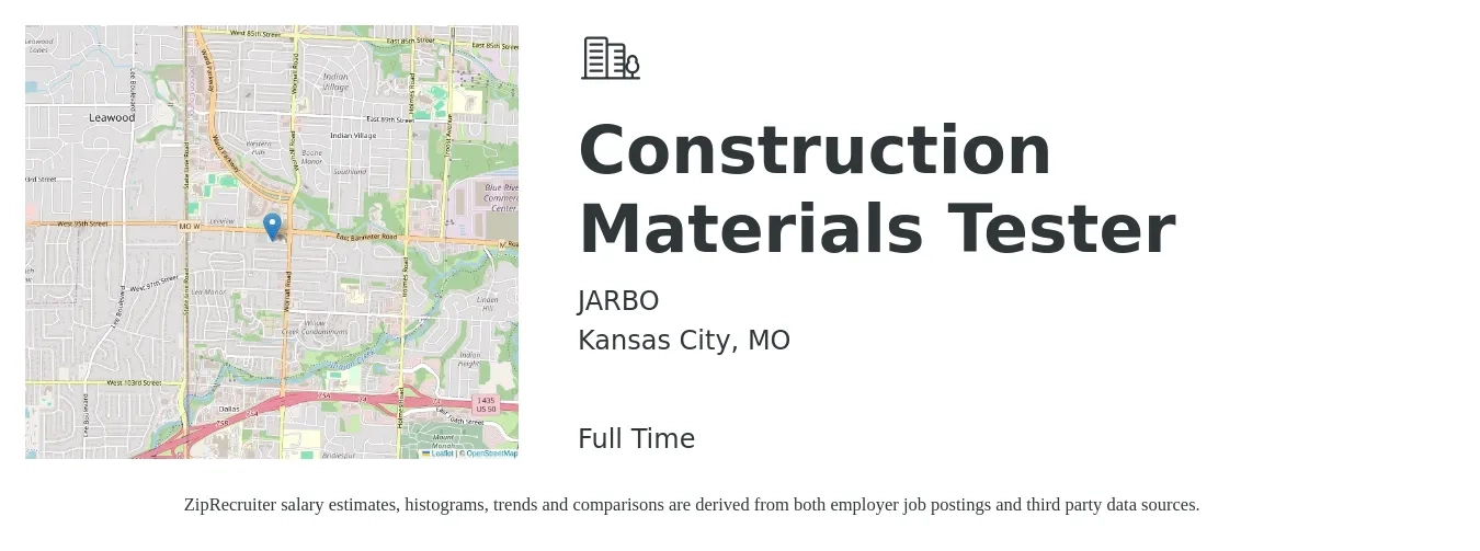 JARBO job posting for a Construction Materials Tester in Kansas City, MO with a salary of $16 to $24 Hourly with a map of Kansas City location.
