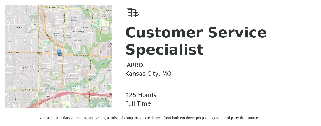 JARBO job posting for a Customer Service Specialist in Kansas City, MO with a salary of $27 Hourly with a map of Kansas City location.