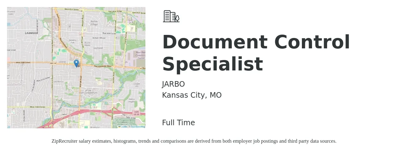 JARBO job posting for a Document Control Specialist in Kansas City, MO with a salary of $21 to $33 Hourly with a map of Kansas City location.