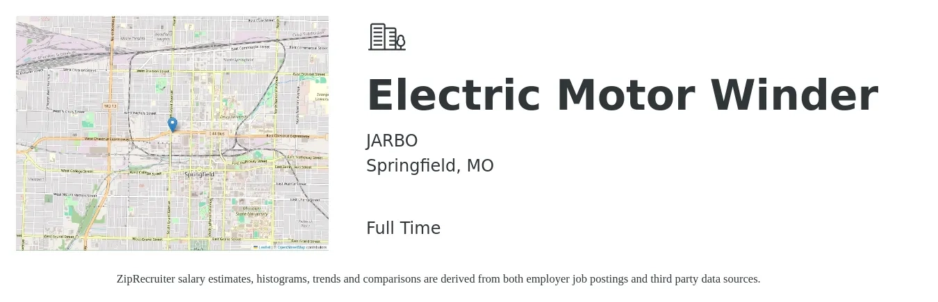 JARBO job posting for a Electric Motor Winder in Springfield, MO with a salary of $20 to $27 Hourly with a map of Springfield location.