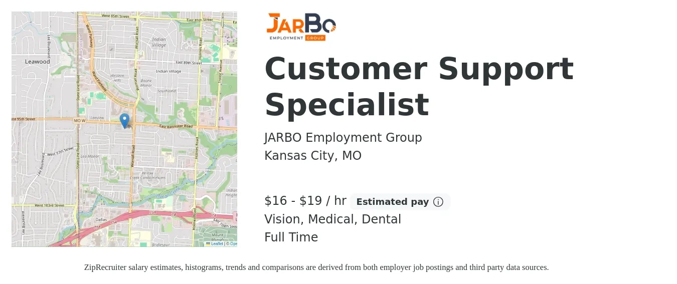 JARBO Employment Group job posting for a Customer Support Specialist in Kansas City, MO with a salary of $17 to $20 Hourly and benefits including life_insurance, medical, pto, retirement, vision, and dental with a map of Kansas City location.
