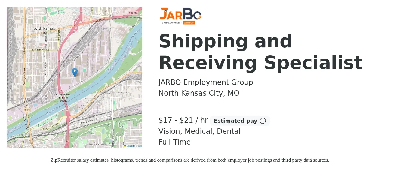 JARBO Employment Group job posting for a Shipping and Receiving Specialist in North Kansas City, MO with a salary of $18 to $22 Hourly and benefits including vision, dental, life_insurance, medical, pto, and retirement with a map of North Kansas City location.