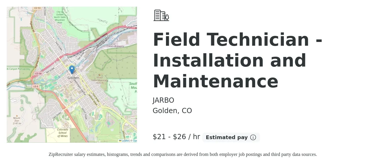 JARBO job posting for a Field Technician - Installation and Maintenance in Golden, CO with a salary of $21 to $31 Hourly with a map of Golden location.