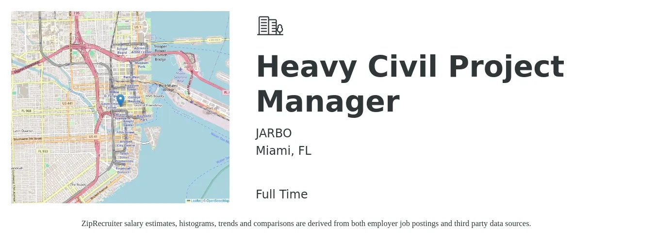 JARBO job posting for a Heavy Civil Project Manager in Miami, FL with a salary of $75,000 to $117,500 Yearly with a map of Miami location.