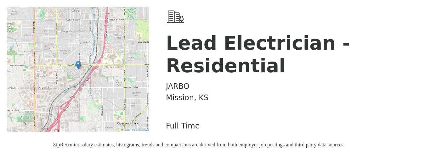 JARBO job posting for a Lead Electrician - Residential in Mission, KS with a salary of $27 to $35 Hourly with a map of Mission location.