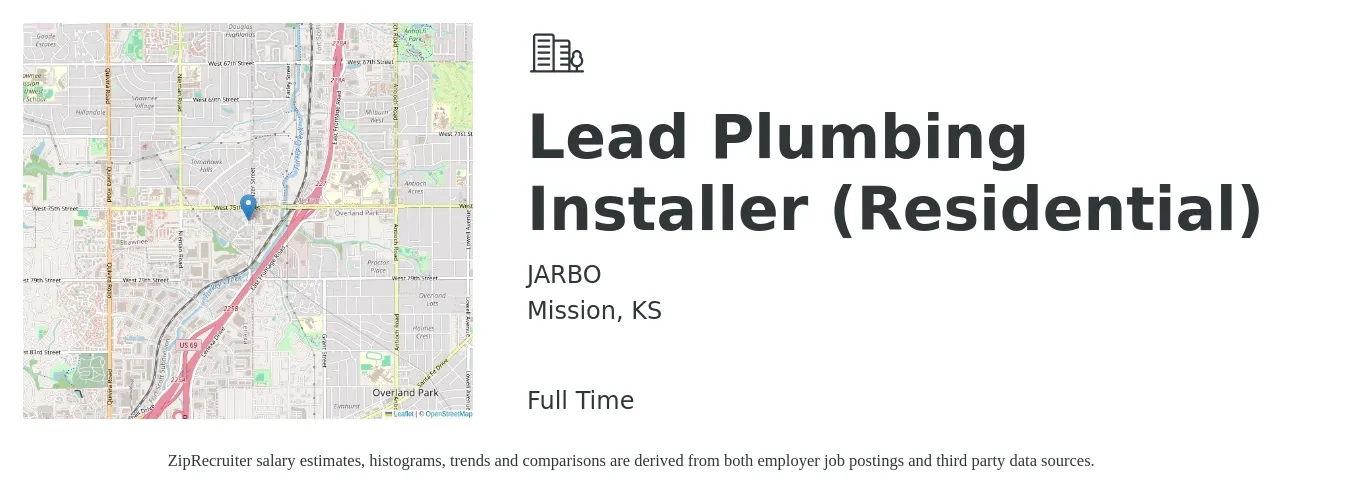 JARBO job posting for a Lead Plumbing Installer (Residential) in Mission, KS with a salary of $22 to $30 Hourly with a map of Mission location.
