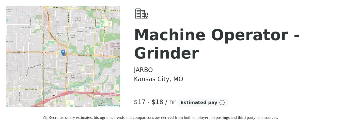 JARBO job posting for a Machine Operator - Grinder in Kansas City, MO with a salary of $16 to $20 Hourly with a map of Kansas City location.