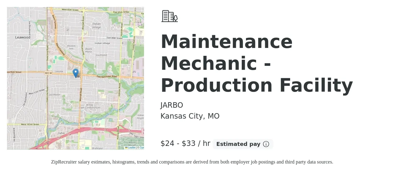 JARBO job posting for a Maintenance Mechanic - Production Facility in Kansas City, MO with a salary of $24 to $31 Hourly with a map of Kansas City location.