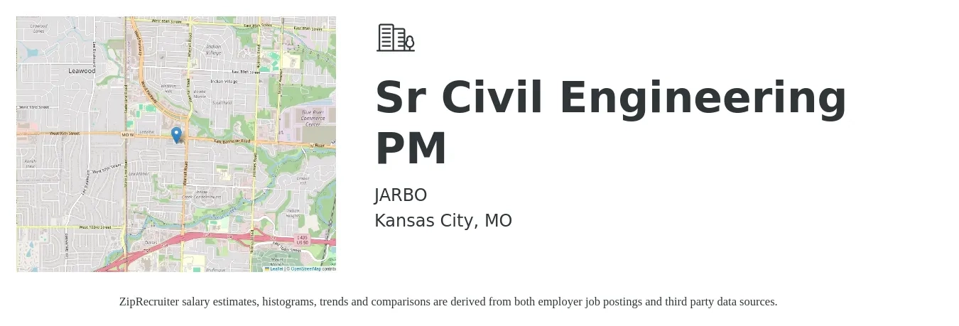 JARBO job posting for a Sr. Civil Engineering PM in Kansas City, MO with a salary of $79,500 to $118,300 Yearly with a map of Kansas City location.