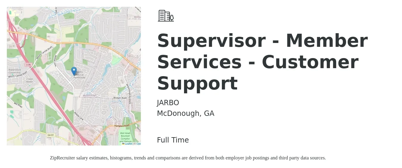 JARBO job posting for a Supervisor - Member Services - Customer Support in McDonough, GA with a salary of $37,300 to $63,800 Yearly with a map of McDonough location.