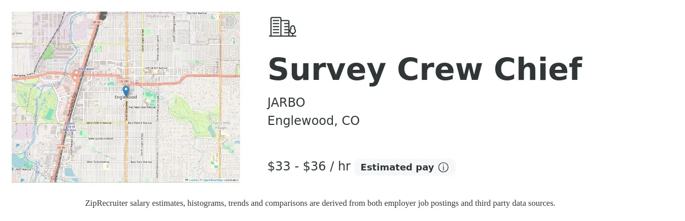 JARBO job posting for a Survey Crew Chief in Englewood, CO with a salary of $25 to $37 Hourly with a map of Englewood location.