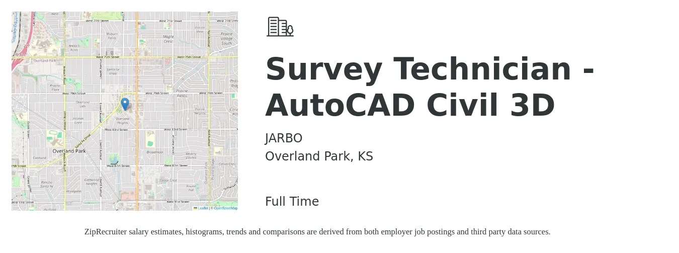 JARBO job posting for a Survey Technician - AutoCAD Civil 3D in Overland Park, KS with a salary of $36,700 to $55,100 Yearly with a map of Overland Park location.