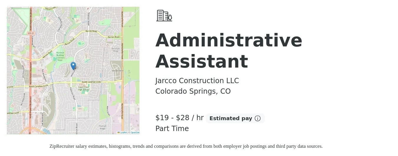 Jarcco Construction LLC job posting for a Administrative Assistant in Colorado Springs, CO with a salary of $20 to $30 Hourly with a map of Colorado Springs location.