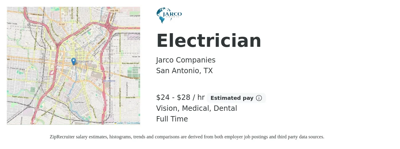 Jarco Companies job posting for a Electrician in San Antonio, TX with a salary of $25 to $30 Hourly and benefits including life_insurance, medical, retirement, vision, and dental with a map of San Antonio location.