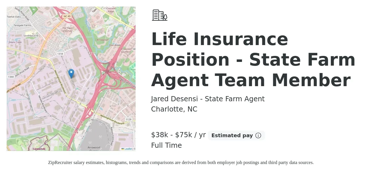 Jared Desensi - State Farm Agent job posting for a Life Insurance Position - State Farm Agent Team Member in Charlotte, NC with a salary of $38,000 to $75,000 Yearly with a map of Charlotte location.