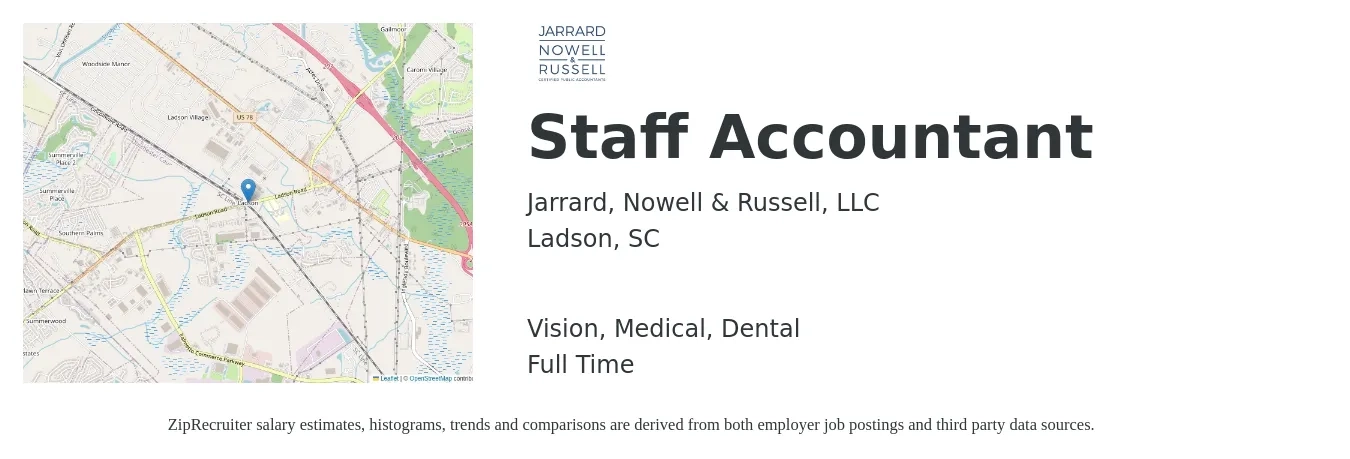 Jarrard, Nowell & Russell, LLC job posting for a Staff Accountant in Ladson, SC with a salary of $53,700 to $70,800 Yearly and benefits including dental, life_insurance, medical, retirement, and vision with a map of Ladson location.