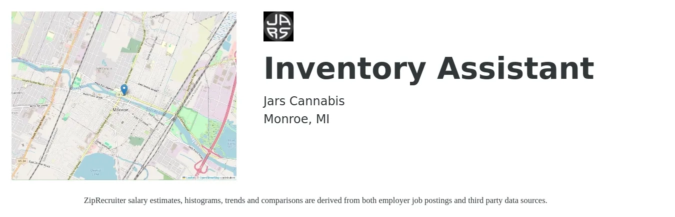 Jars Cannabis job posting for a Inventory Assistant in Monroe, MI with a salary of $15 to $18 Hourly with a map of Monroe location.