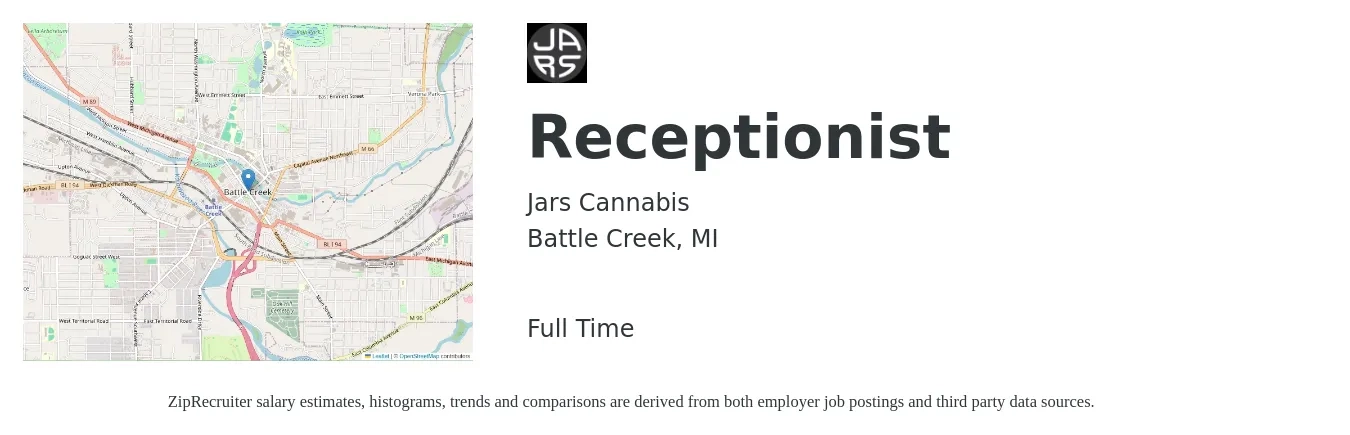 Jars Cannabis job posting for a Receptionist in Battle Creek, MI with a salary of $14 to $19 Hourly with a map of Battle Creek location.