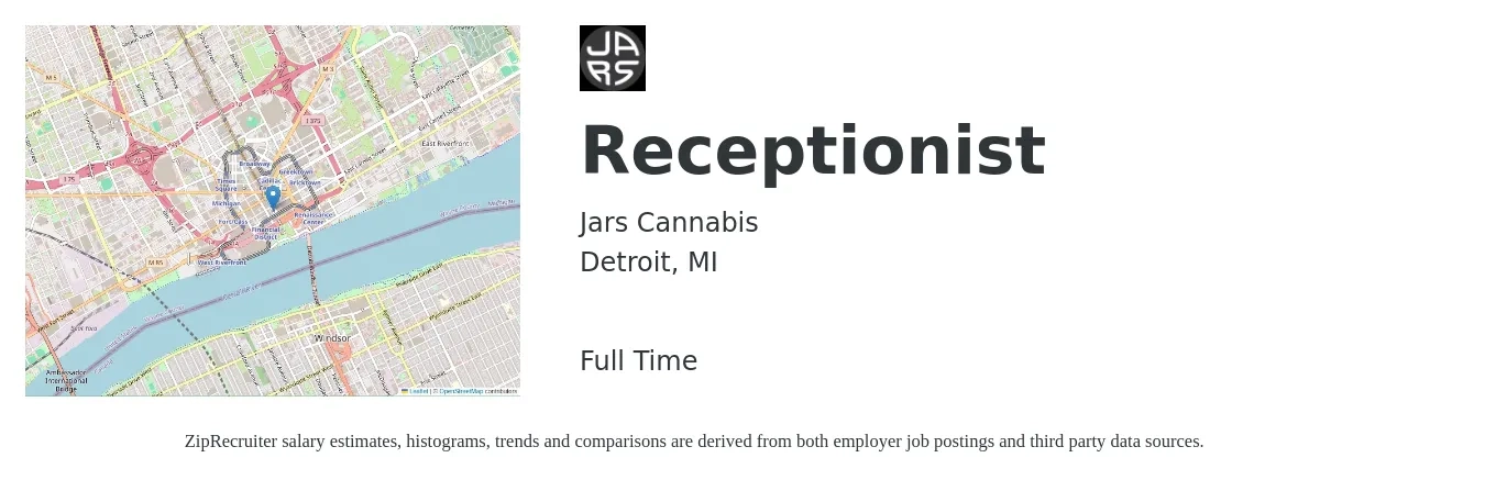 Jars Cannabis job posting for a Receptionist in Detroit, MI with a salary of $15 to $20 Hourly with a map of Detroit location.