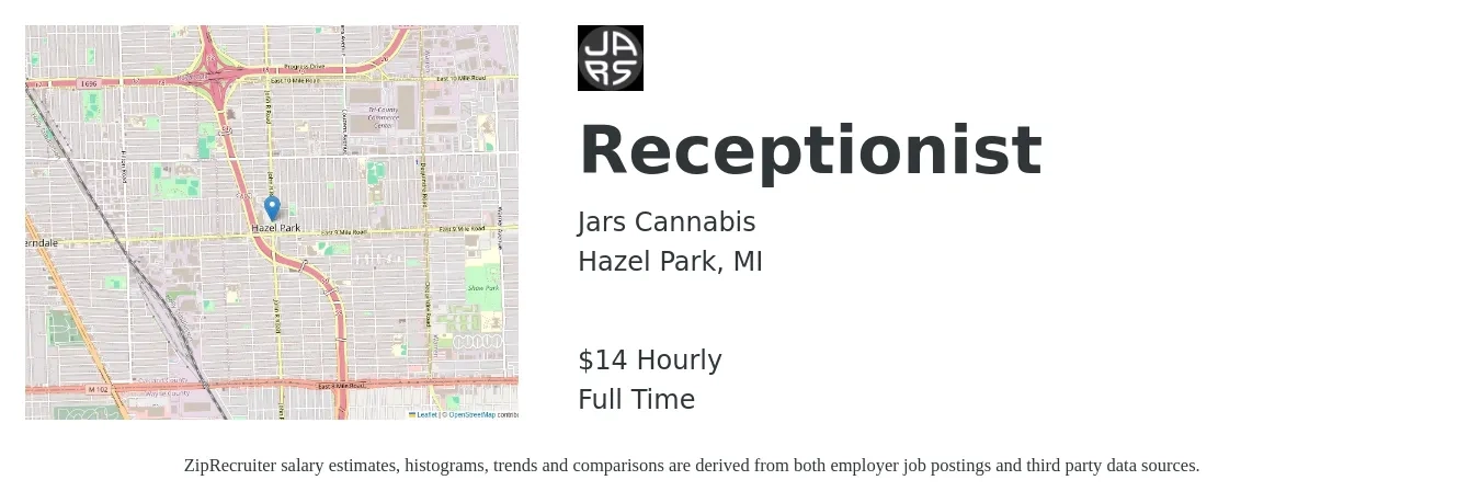 Jars Cannabis job posting for a Receptionist in Hazel Park, MI with a salary of $15 Hourly with a map of Hazel Park location.