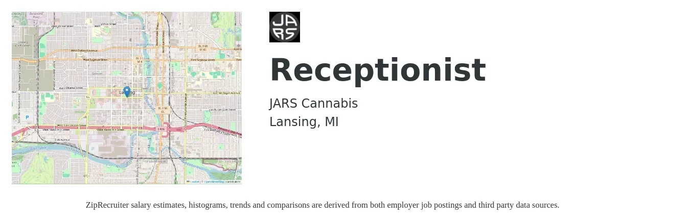 Jars Cannabis job posting for a Receptionist in Lansing, MI with a salary of $16 to $21 Hourly with a map of Lansing location.