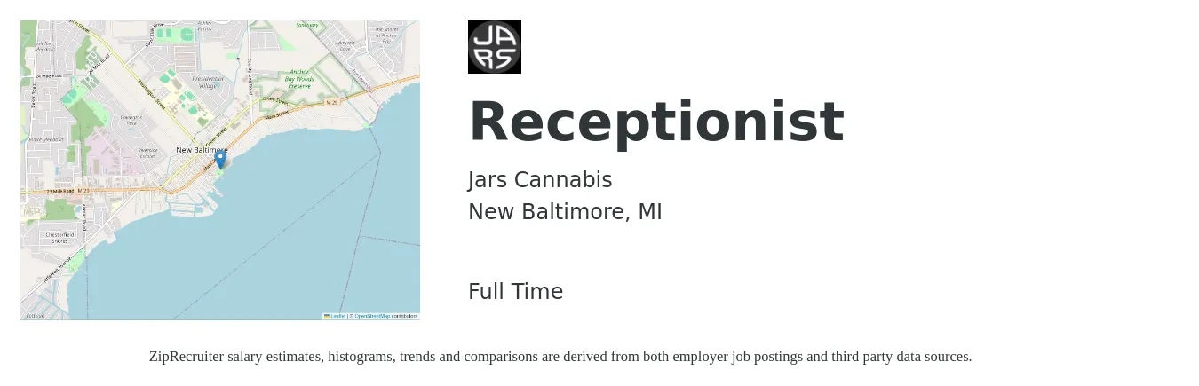 Jars Cannabis job posting for a Receptionist in New Baltimore, MI with a salary of $14 to $19 Hourly with a map of New Baltimore location.
