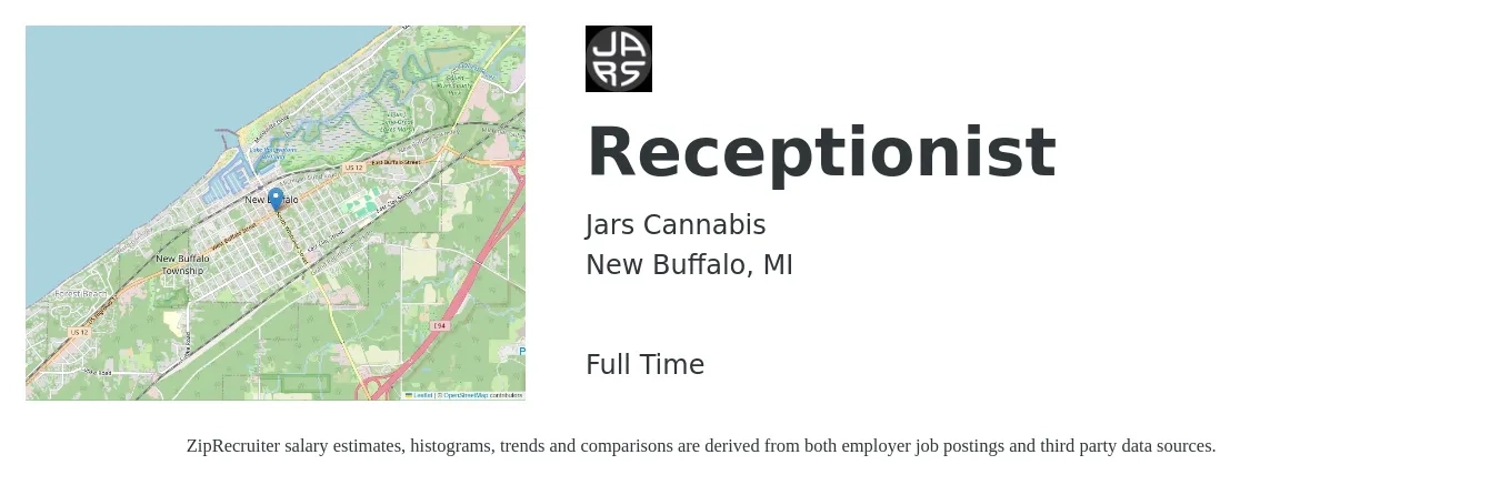 Jars Cannabis job posting for a Receptionist in New Buffalo, MI with a salary of $15 to $20 Hourly with a map of New Buffalo location.