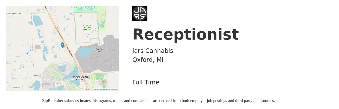 Jars Cannabis job posting for a Receptionist in Oxford, MI with a salary of $14 to $18 Hourly with a map of Oxford location.