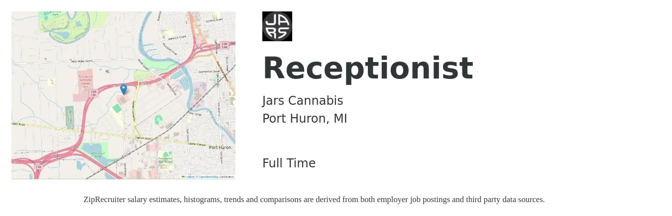 Jars Cannabis job posting for a Receptionist in Port Huron, MI with a salary of $15 Hourly with a map of Port Huron location.
