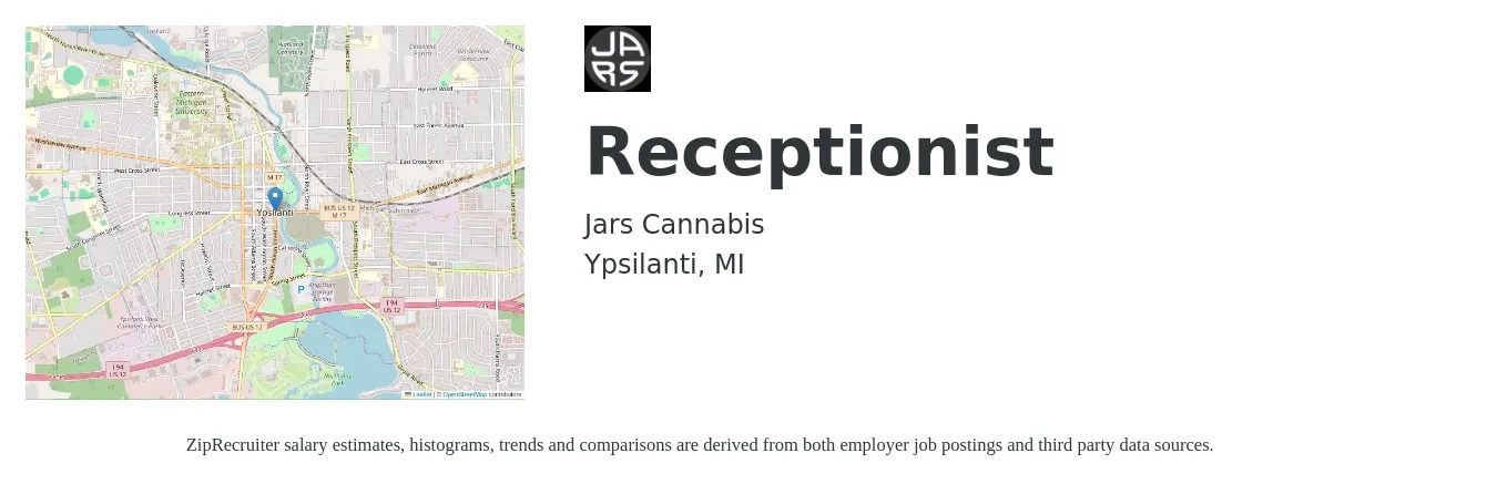 Jars Cannabis job posting for a Receptionist in Ypsilanti, MI with a salary of $14 to $19 Hourly with a map of Ypsilanti location.