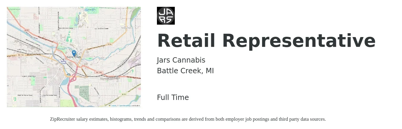 Jars Cannabis job posting for a Retail Representative in Battle Creek, MI with a salary of $14 to $18 Hourly with a map of Battle Creek location.